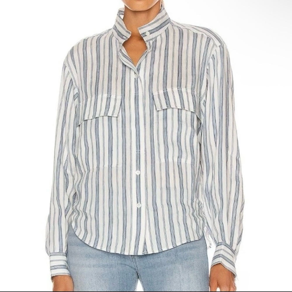 Frame Denim Stand Collar Linen Blend Blue and White Striped Blouse Small